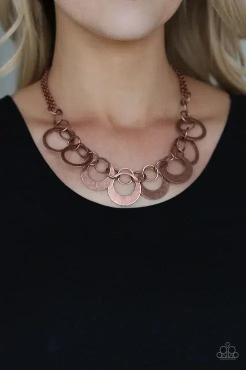 In Full Orbit Copper Necklace - Paparazzi Accessories- on model - CarasShop.com - Paparazzi Jewelry by Cara Jewels