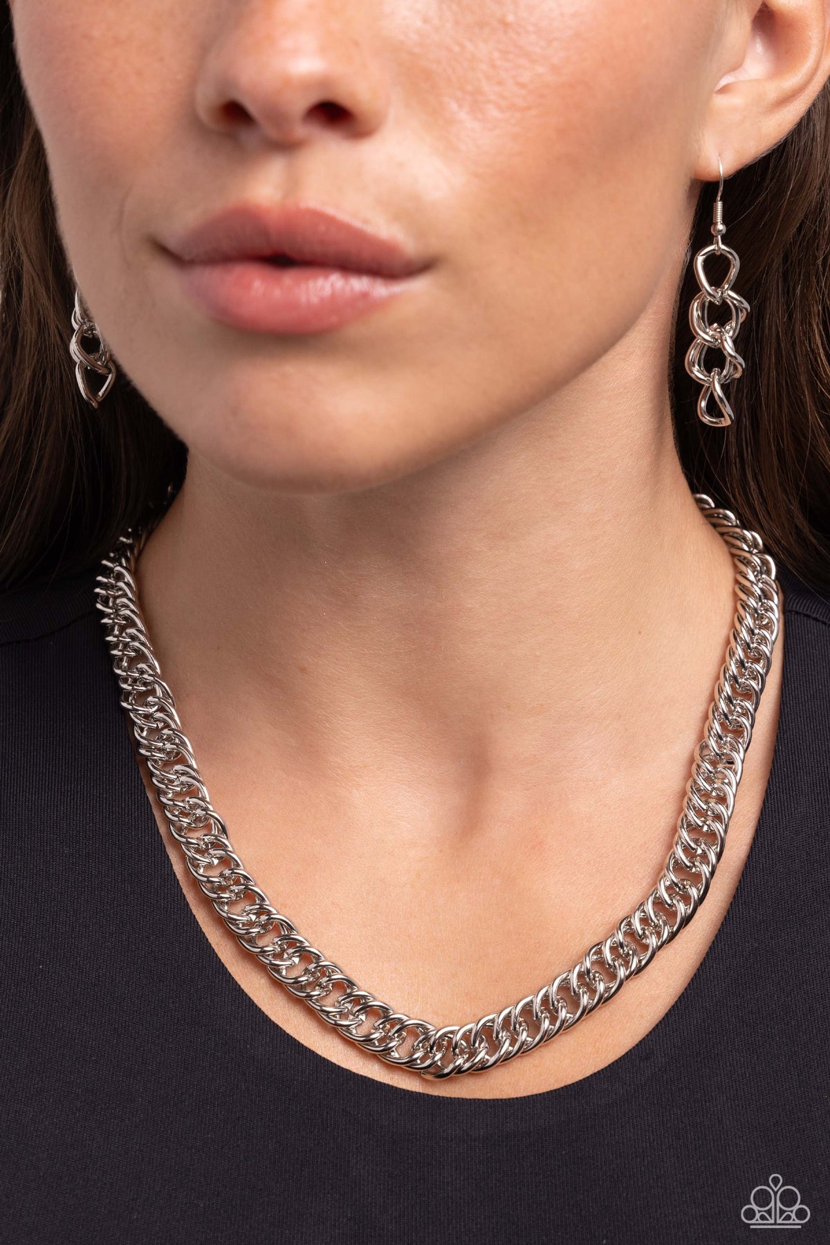 Industrial Ideology Silver Chain Necklace - Paparazzi Accessories- on model - CarasShop.com - Paparazzi Jewelry by Cara Jewels