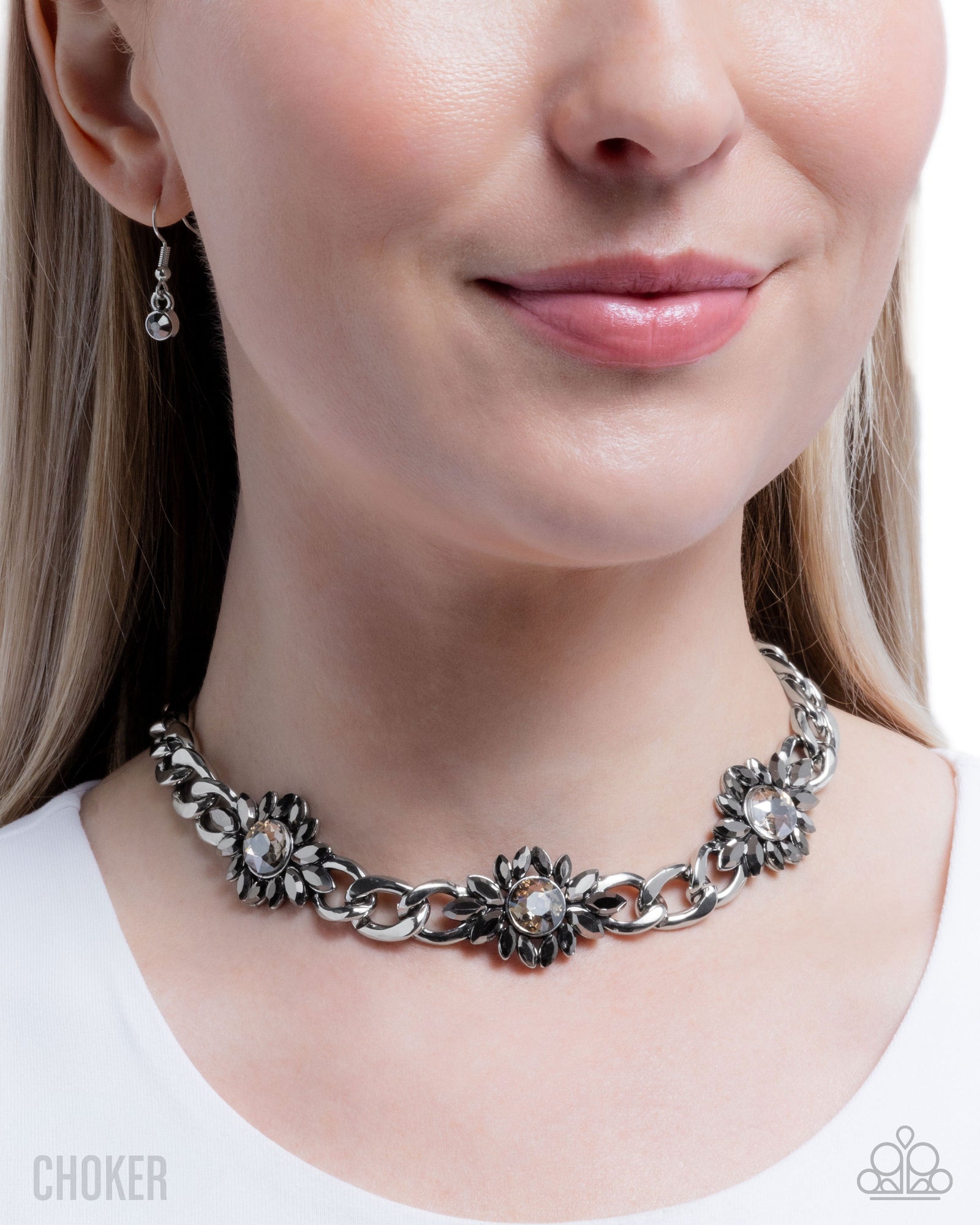 Industrial Intro Silver Gem Floral Choker Necklace - Paparazzi Accessories- lightbox - CarasShop.com - Paparazzi Jewelry by Cara Jewels