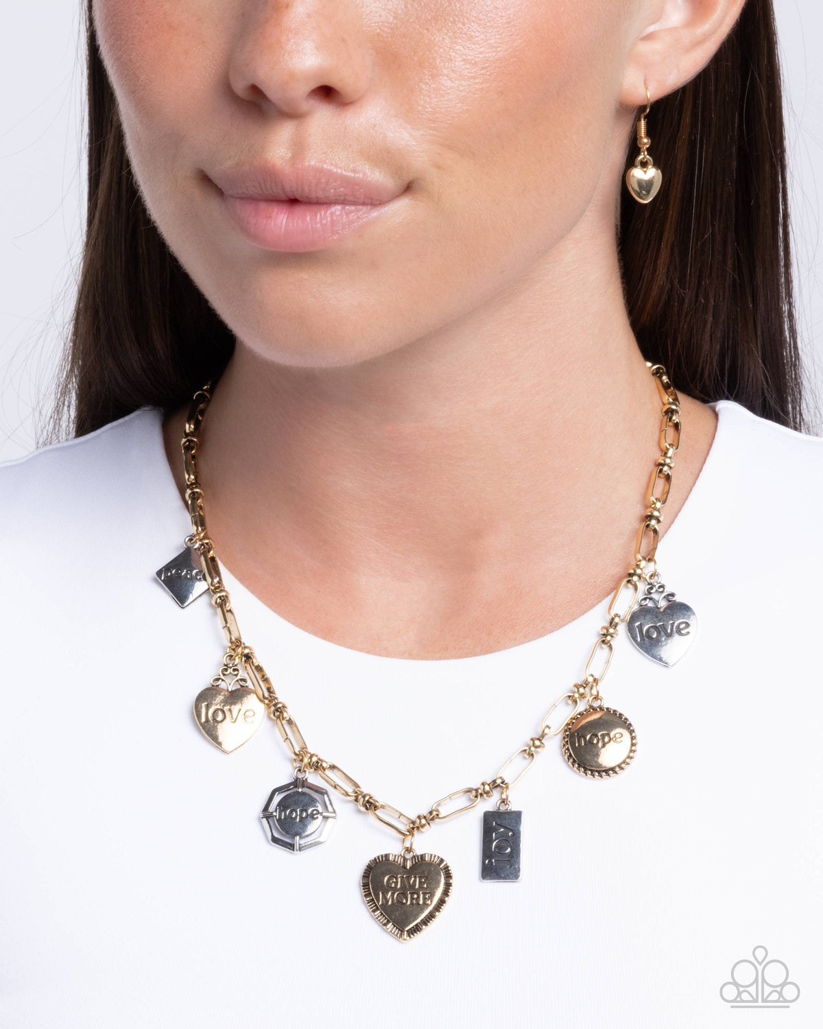 Inspirational Illusion Multi Gold & Silver Heart Charm Necklace - Paparazzi Accessories- on model - CarasShop.com - Paparazzi Jewelry by Cara Jewels