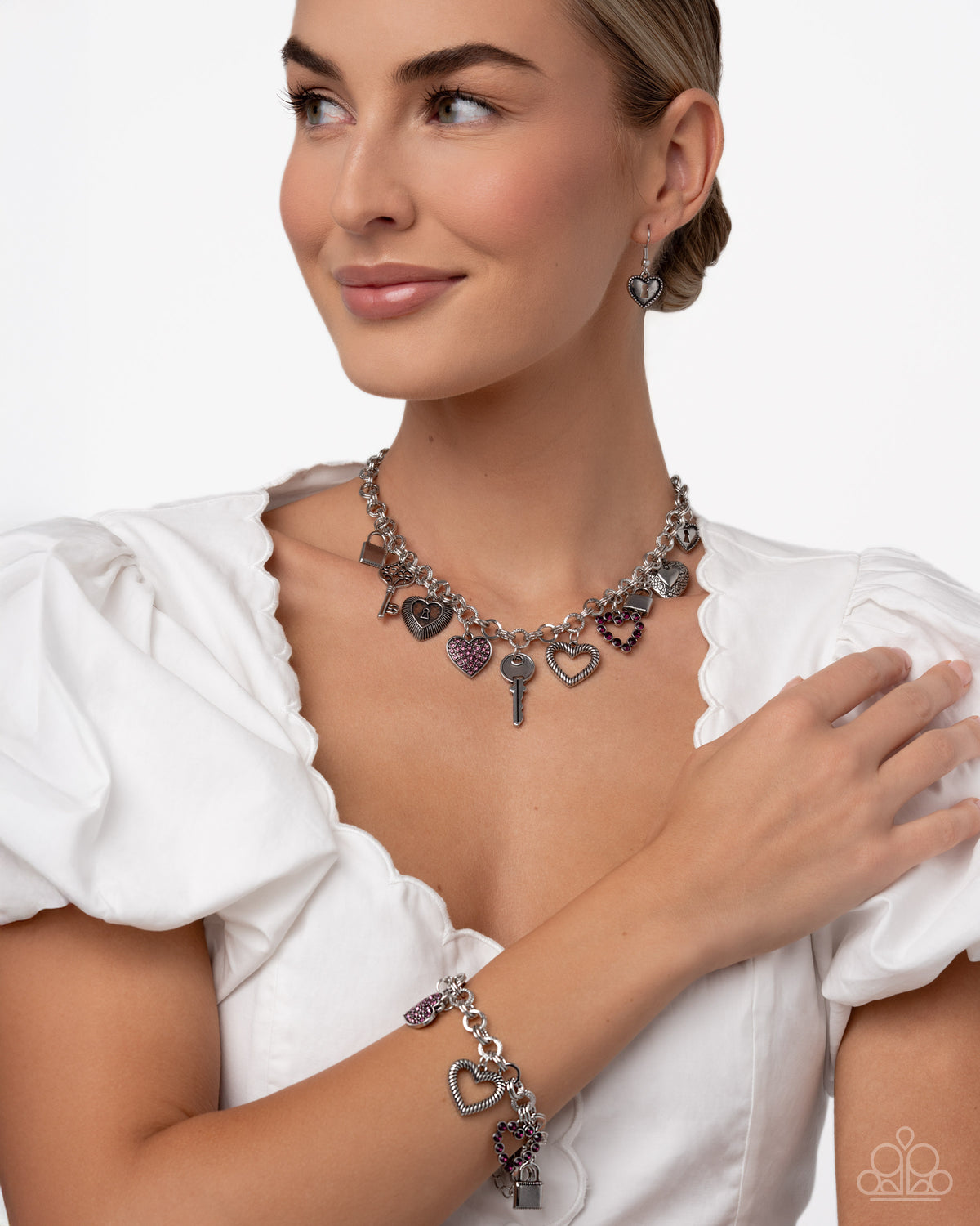 Intentional Influence Purple Heart Charm Necklace & Bracelet Set - Paparazzi Accessories- lightbox - CarasShop.com - Paparazzi Jewelry by Cara Jewels
