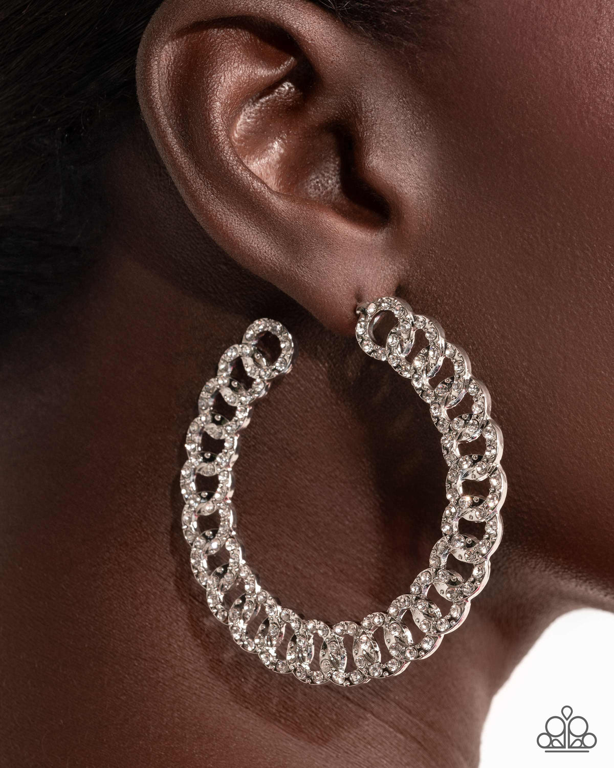Interlocked Icing White Rhinestone Hoop Earrings - Paparazzi Accessories-on model - CarasShop.com - Paparazzi Jewelry by Cara Jewels
