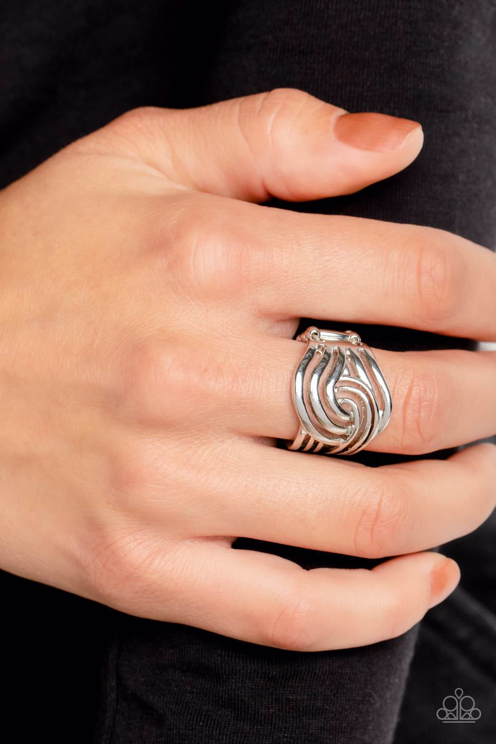 Interlocked Insignia Silver Ring - Paparazzi Accessories- on model - CarasShop.com - Paparazzi Jewelry by Cara Jewels
