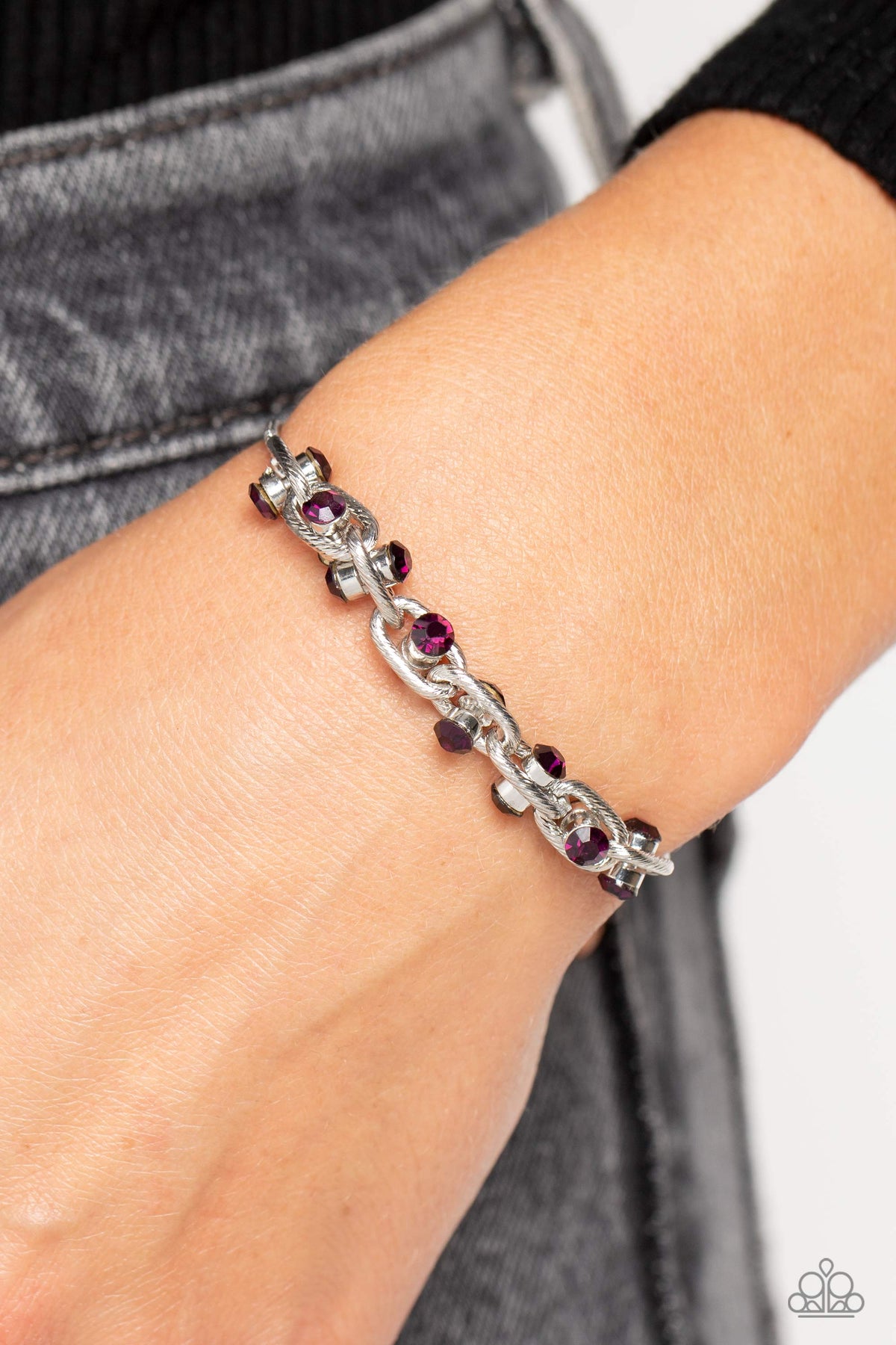 Intertwined Illusion Purple Rhinestone Slide Bracelet - Paparazzi Accessories- on model - CarasShop.com - Paparazzi Jewelry by Cara Jewels