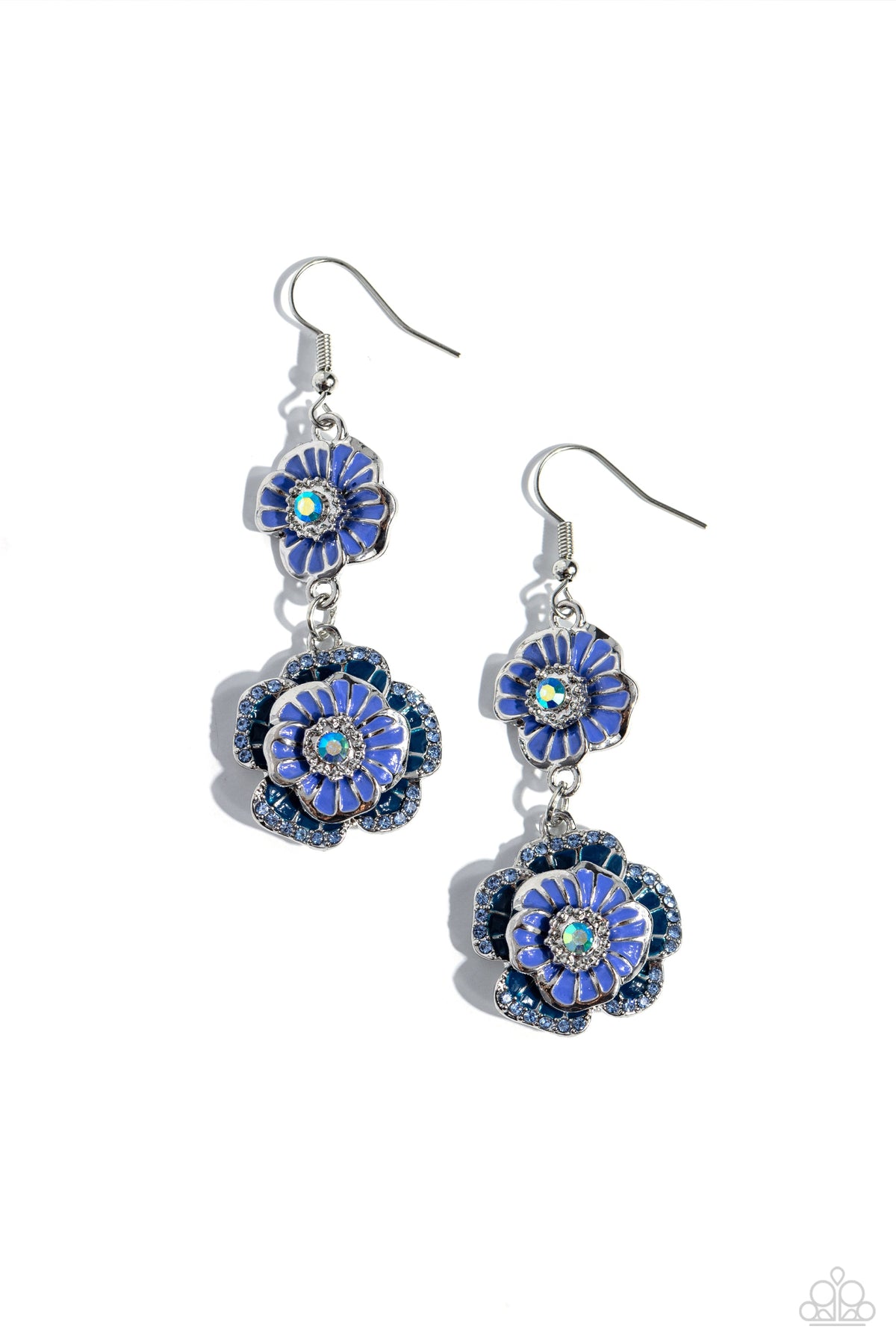 Intricate Impression Blue Rhinestone Flower Earrings - Paparazzi Accessories- lightbox - CarasShop.com - Paparazzi Jewelry by Cara Jewels