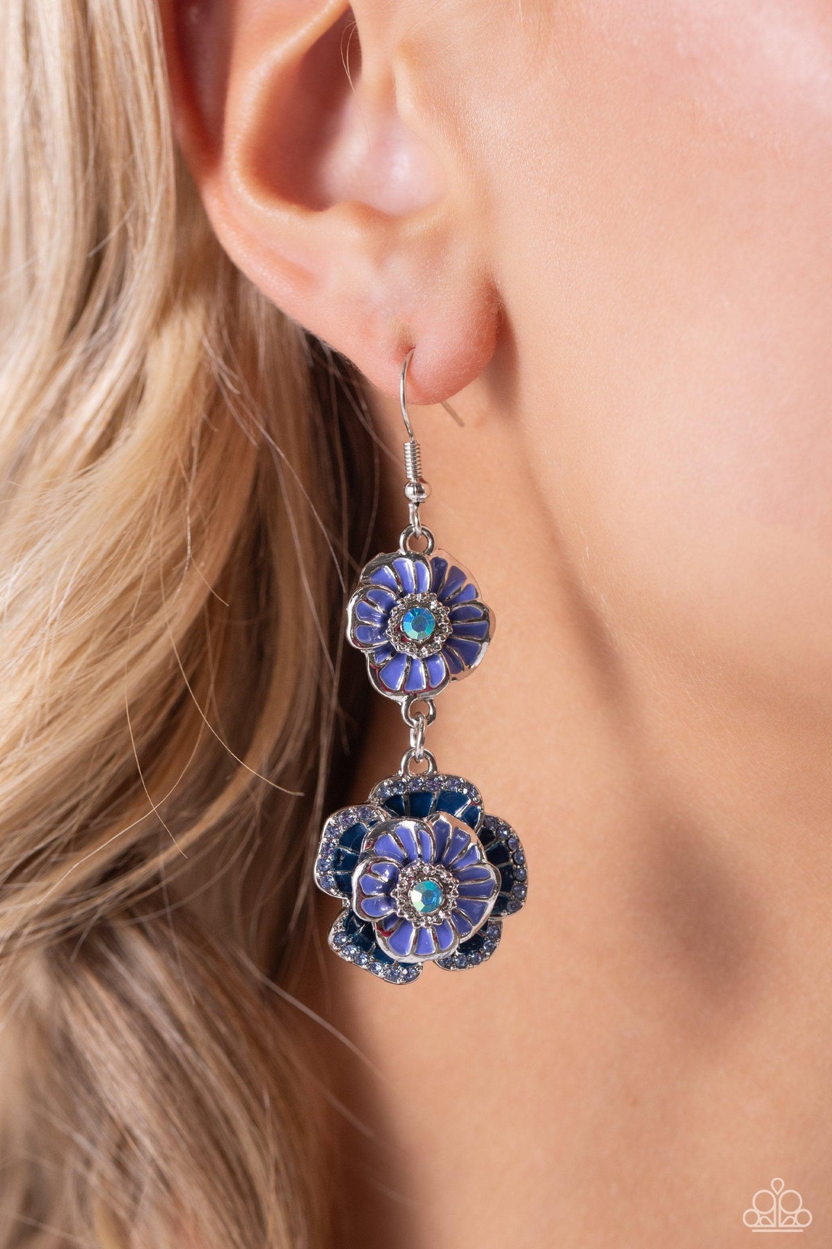 Intricate Impression Blue Rhinestone Flower Earrings - Paparazzi Accessories- on model - CarasShop.com - Paparazzi Jewelry by Cara Jewels