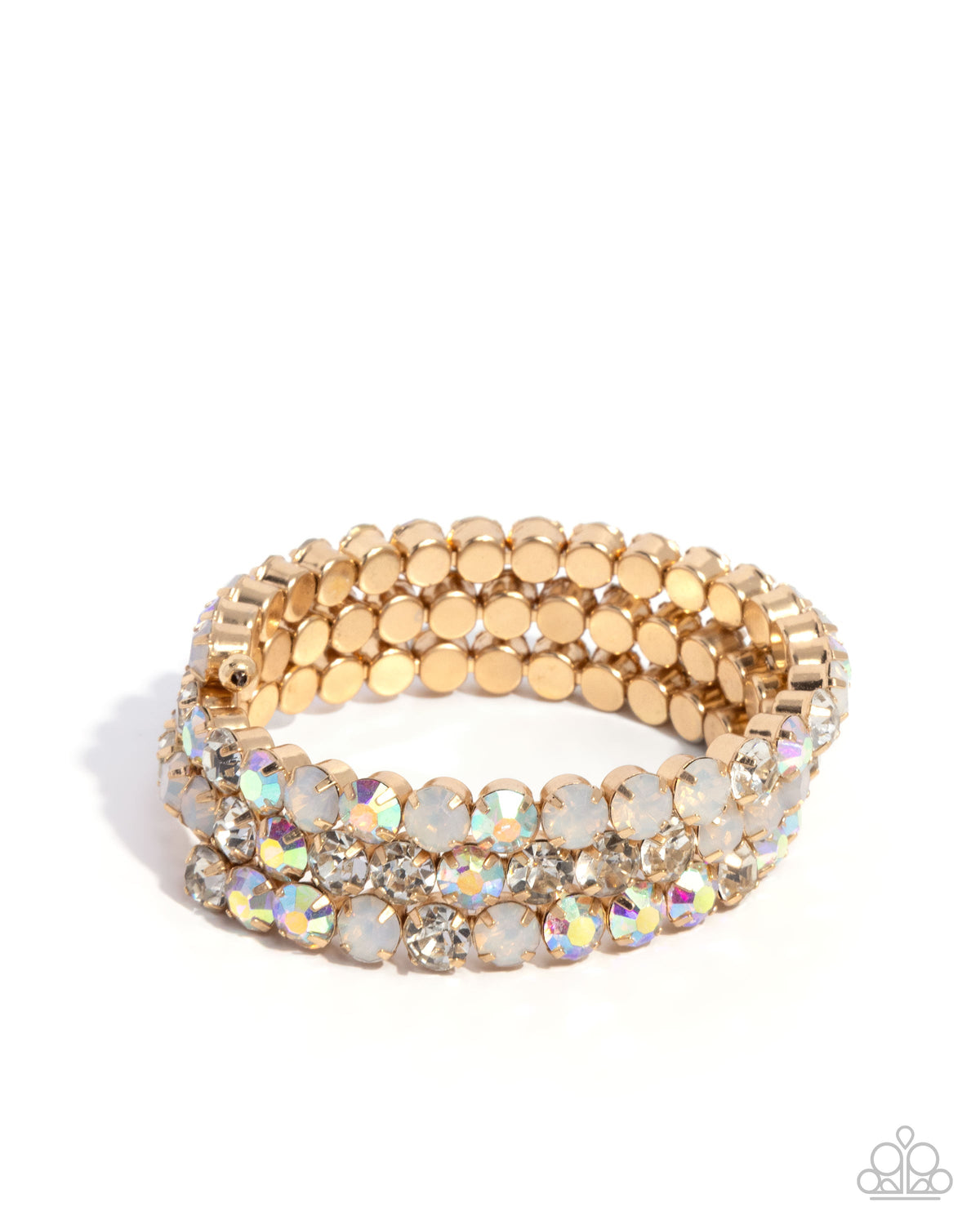 Iridescent Incantation Multi Rhinestone & Gold Coil Bracelet- lightbox - CarasShop.com - Paparazzi Jewelry by Cara Jewels