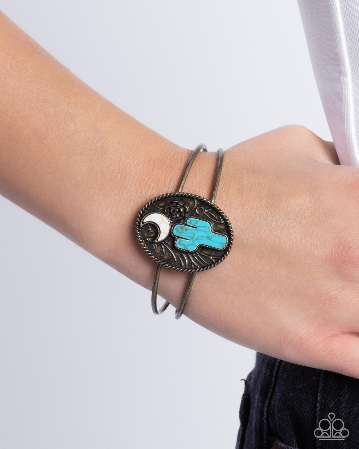 Journey to the West Brass & Turquoise Stone Bracelet - Paparazzi Accessories-on model - CarasShop.com - Paparazzi Jewelry by Cara Jewels