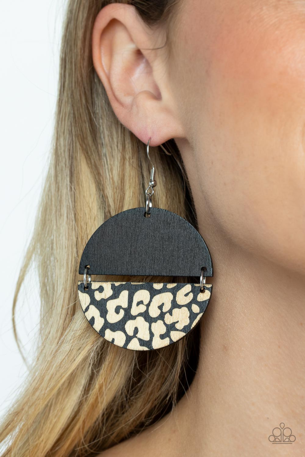 Jungle Catwalk Black Wood Cheetah Print Earrings - Paparazzi Accessories- on model - CarasShop.com - Paparazzi Jewelry by Cara Jewels