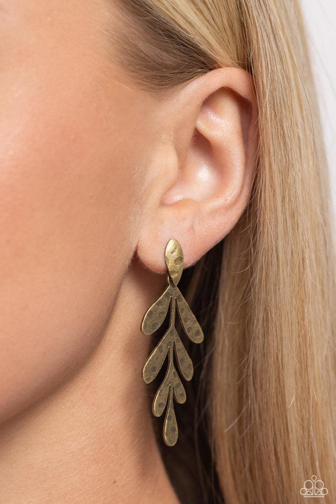 Jungle Fauna Brass Earrings - Paparazzi Accessories- on model - CarasShop.com - Paparazzi Jewelry by Cara Jewels