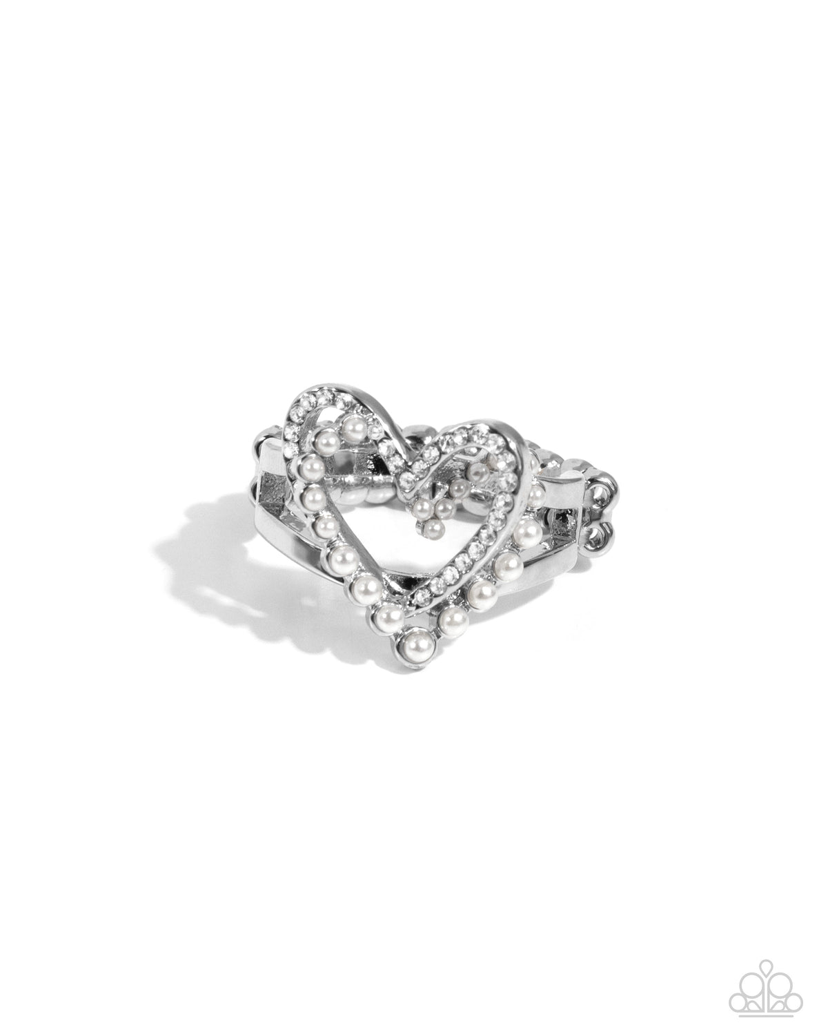 Just a Crush White Rhinestone & Pearl Heart Ring - Paparazzi Accessories- lightbox - CarasShop.com - Paparazzi Jewelry by Cara Jewels