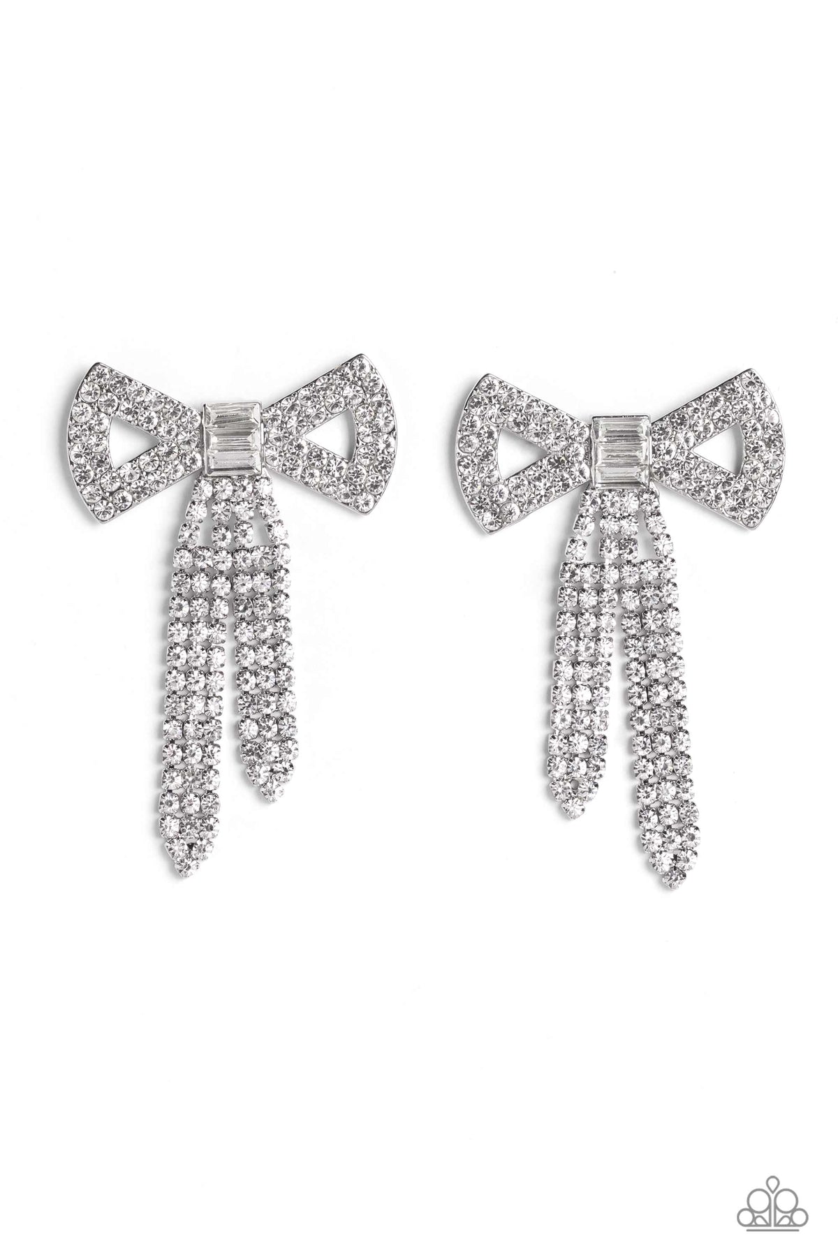 Just BOW With It White Rhinestone Earrings - Paparazzi Accessories- lightbox - CarasShop.com - Paparazzi Jewelry by Cara Jewels