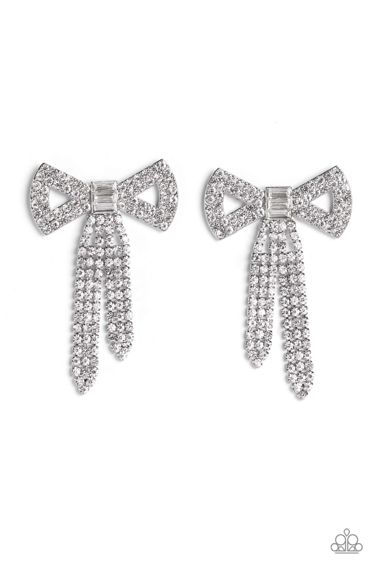 Just BOW With It White Rhinestone Earrings - Paparazzi Accessories- lightbox - CarasShop.com - Paparazzi Jewelry by Cara Jewels