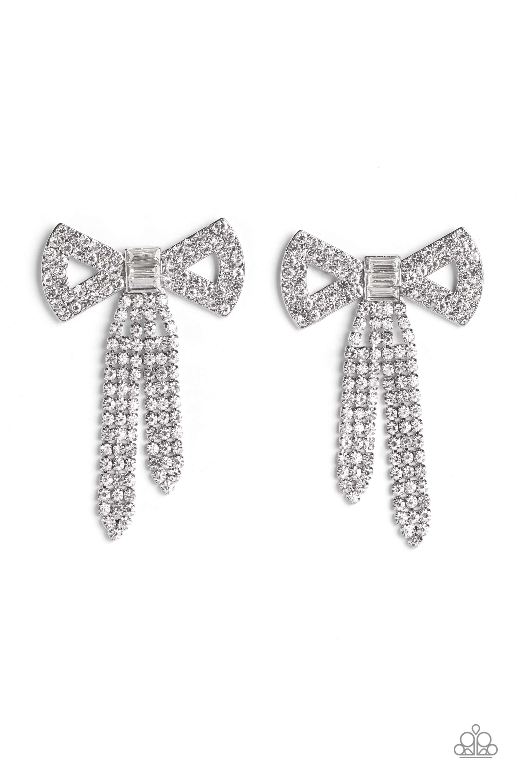 Just BOW With It White Rhinestone Earrings - Paparazzi Accessories- lightbox - CarasShop.com - Paparazzi Jewelry by Cara Jewels