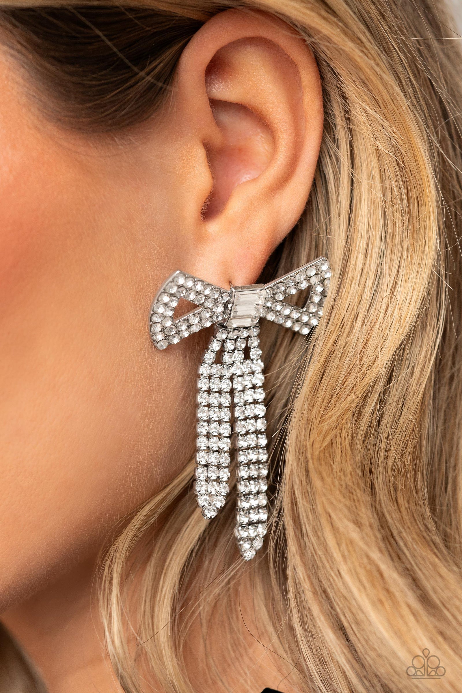 Just BOW With It White Rhinestone Earrings - Paparazzi Accessories- lightbox - CarasShop.com - Paparazzi Jewelry by Cara Jewels