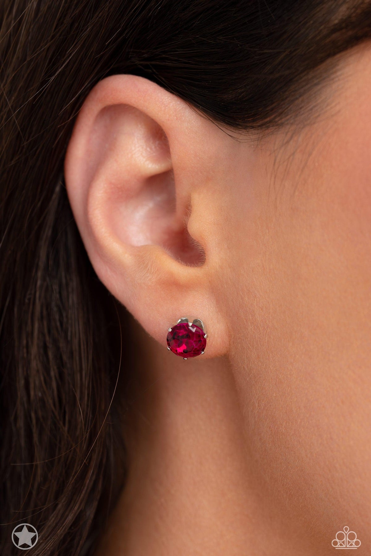 Just In TIMELESS Pink Rhinestone Post Earrings - Paparazzi Accessories- on model - CarasShop.com - Paparazzi Jewelry by Cara Jewels