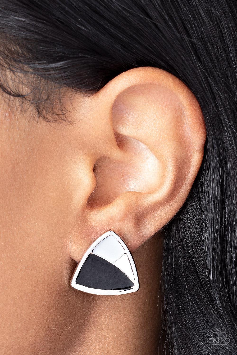 Kaleidoscopic Collision Black & White Earrings - Paparazzi Accessories- on model - CarasShop.com - Paparazzi Jewelry by Cara Jewels