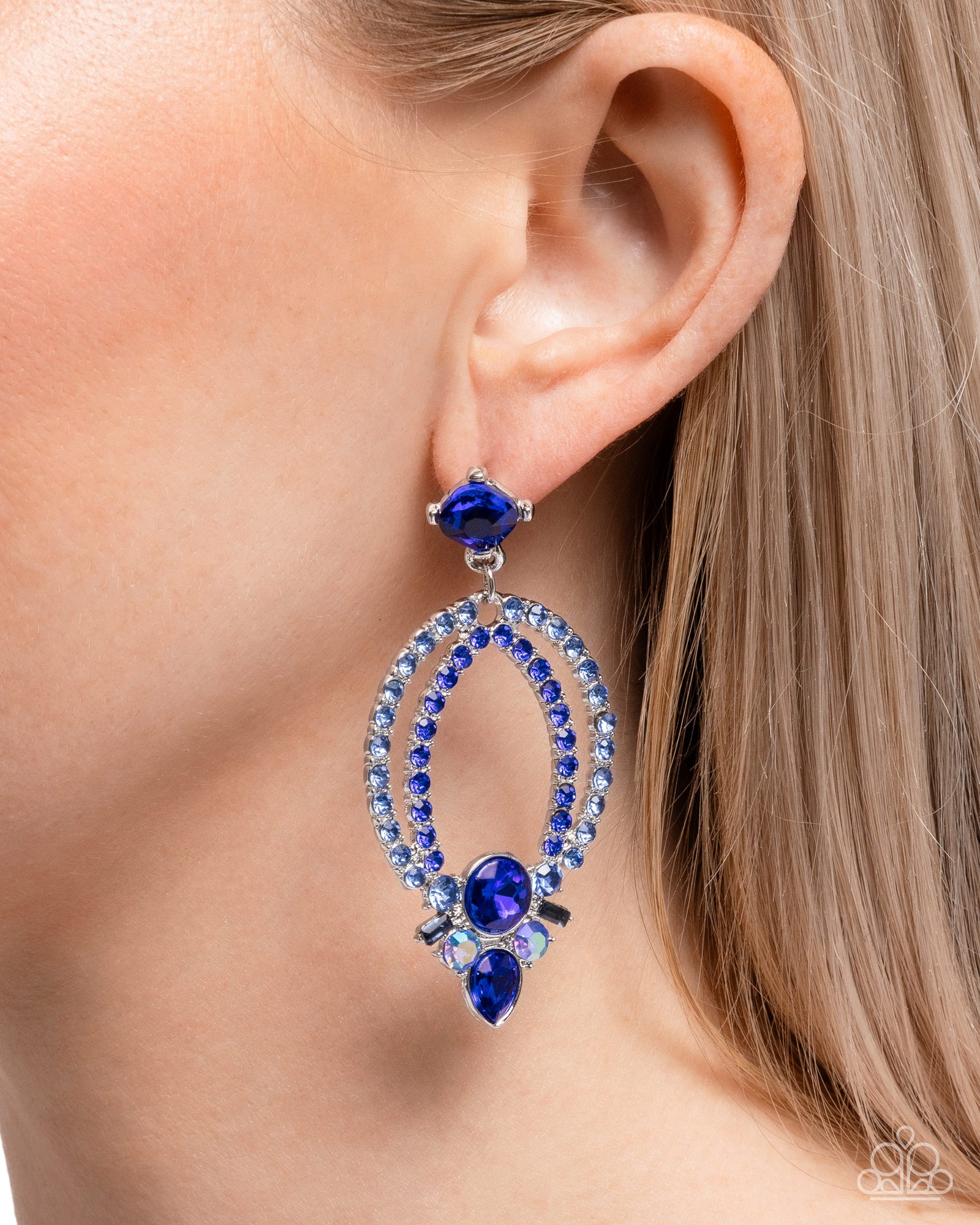 Karma Knockout Blue Rhinestone Earrings - Paparazzi Accessories- lightbox - CarasShop.com - Paparazzi Jewelry by Cara Jewels