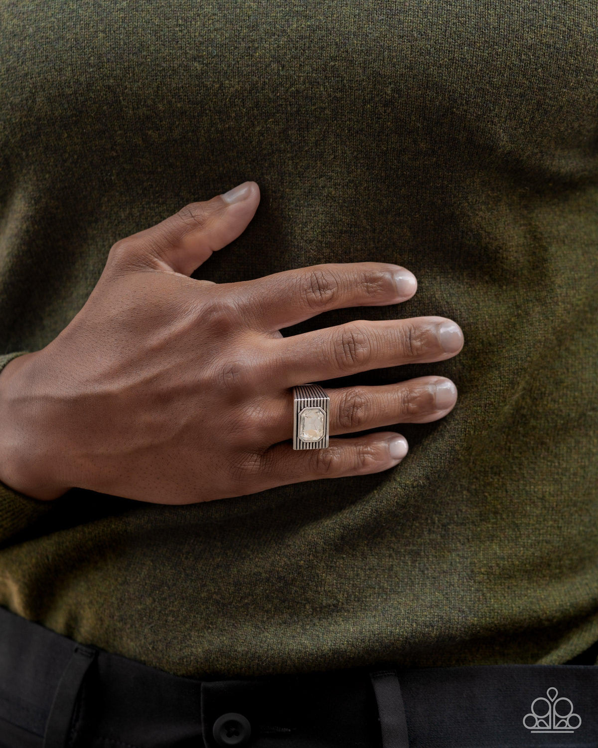 Knockout Tournament White Rhinestone Men's Ring - Paparazzi Accessories- on model - CarasShop.com - Paparazzi Jewelry by Cara Jewels