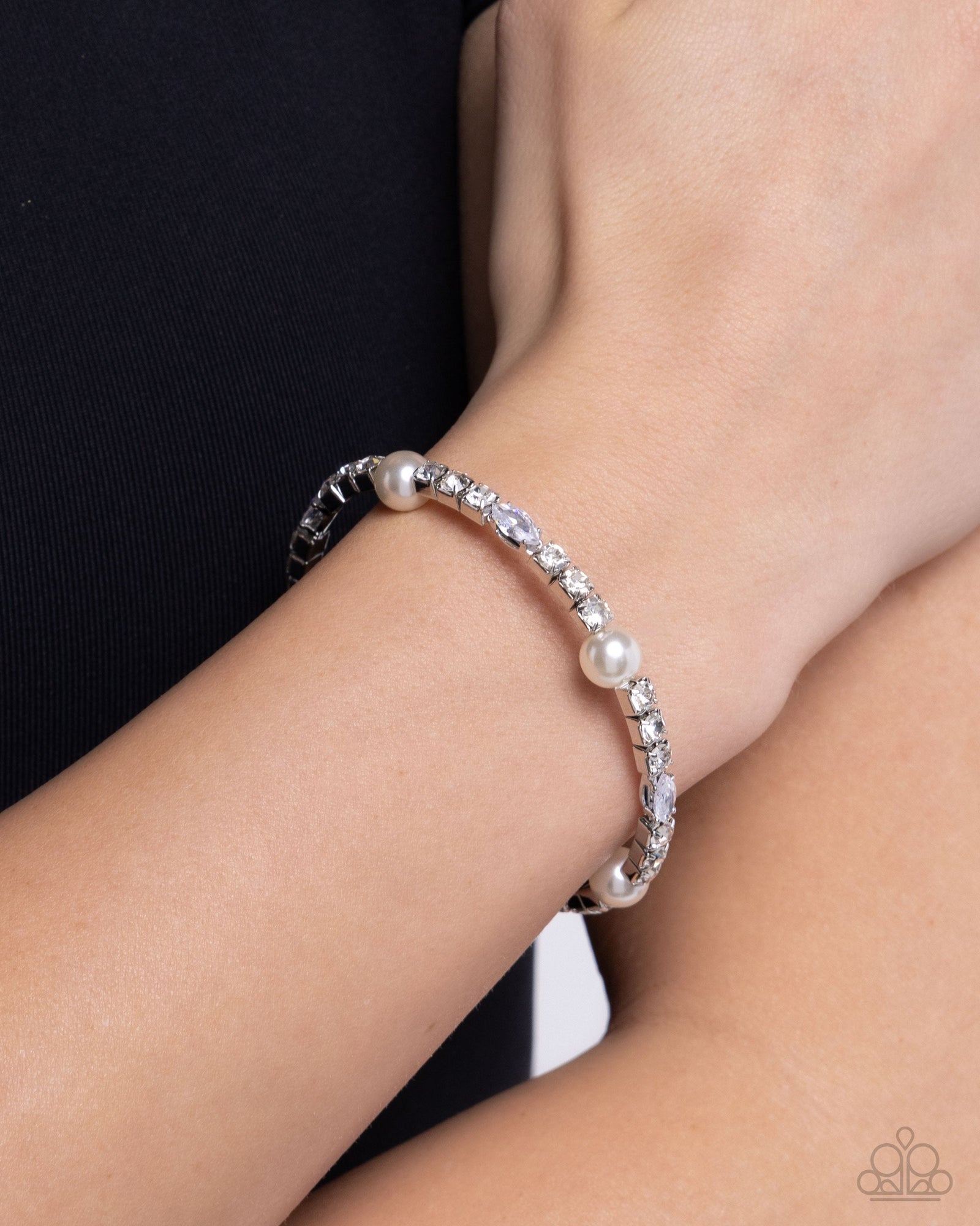 Ladylike Leader White Rhinestone & Pearl Coil Bracelet - Paparazzi Accessories- lightbox - CarasShop.com - Paparazzi Jewelry by Cara Jewels
