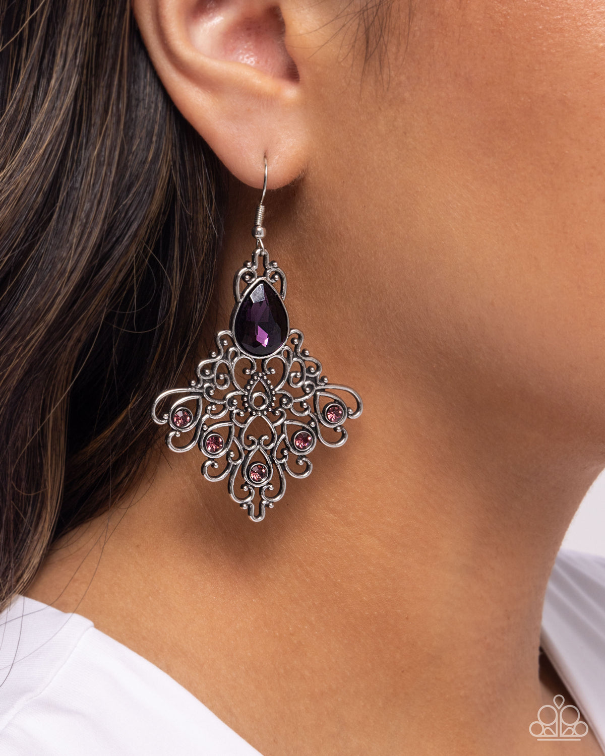 Lattice Legacy Purple Gem Earrings - Paparazzi Accessories- on model - CarasShop.com - Paparazzi Jewelry by Cara Jewels