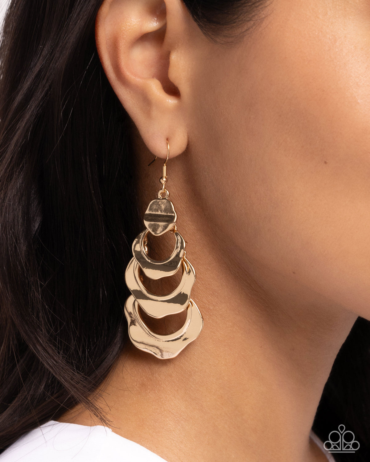 Layered Labor Gold Earrings - Paparazzi Accessories- on model - CarasShop.com - Paparazzi Jewelry by Cara Jewels