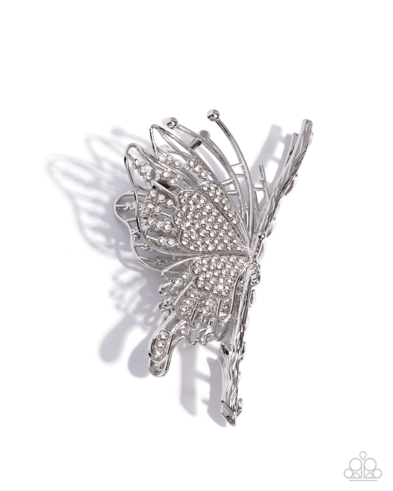Layered Landing White Rhinestone Butterfly Hair Clip - Paparazzi Accessories- lightbox - CarasShop.com - Paparazzi Jewelry by Cara Jewels