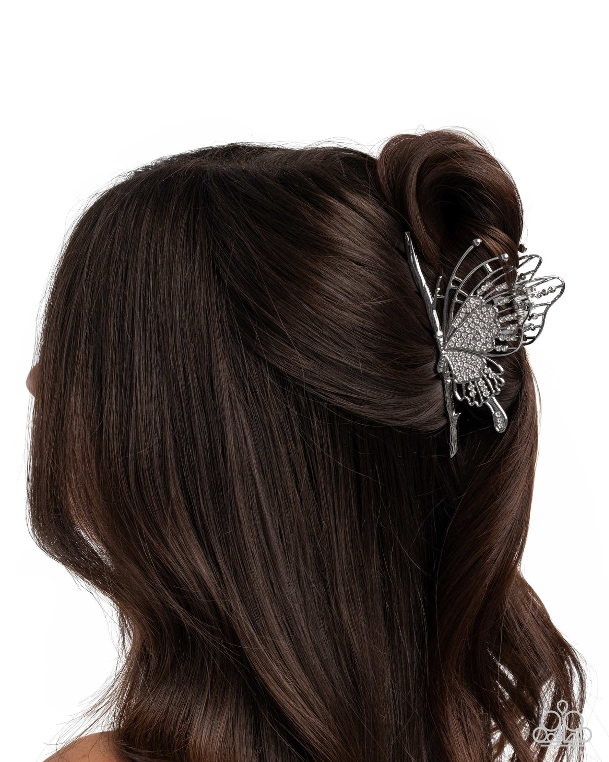 Layered Landing White Rhinestone Butterfly Hair Clip - Paparazzi Accessories-on model - CarasShop.com - Paparazzi Jewelry by Cara Jewels