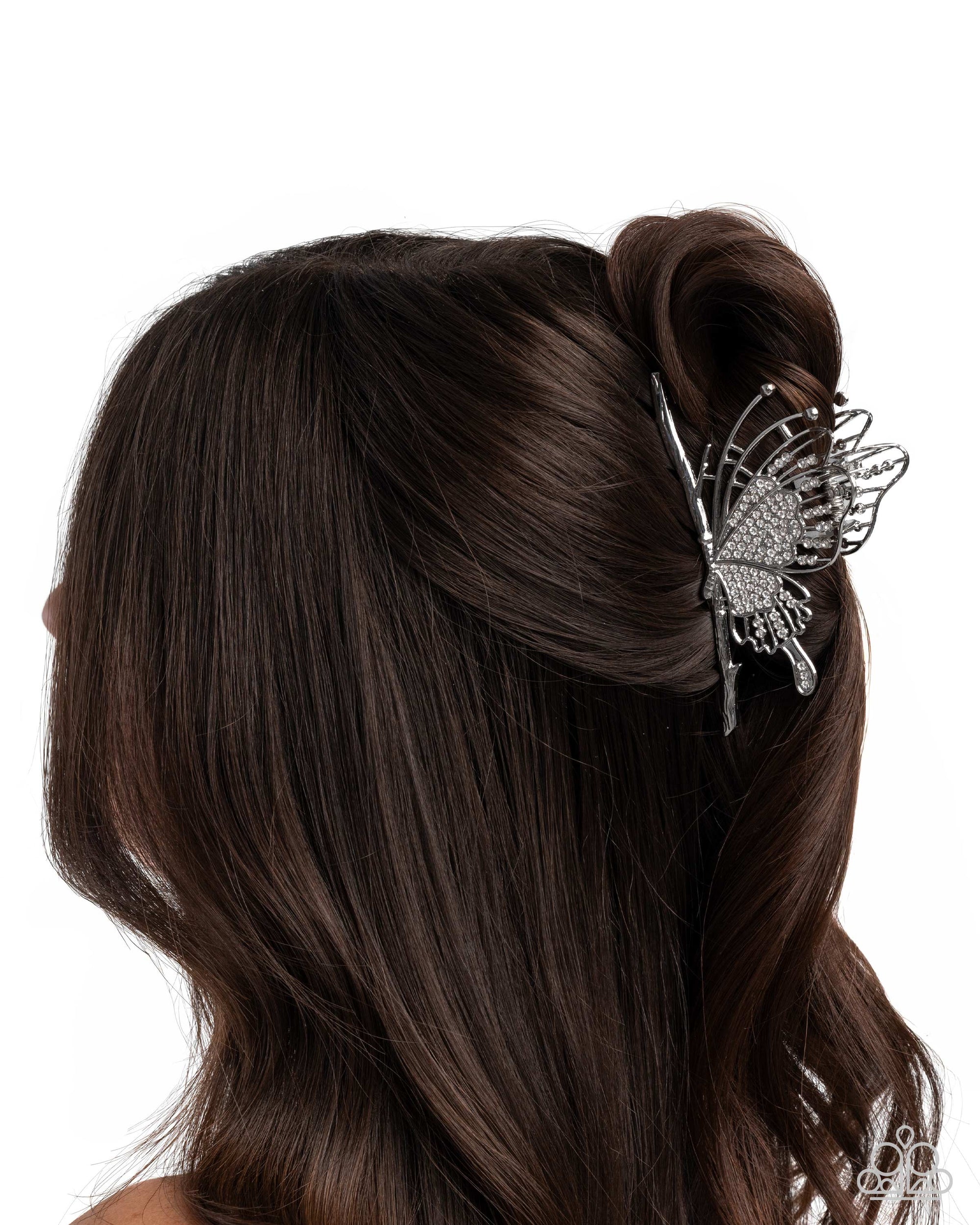 Layered Landing White Rhinestone Butterfly Hair Clip - Paparazzi Accessories- lightbox - CarasShop.com - Paparazzi Jewelry by Cara Jewels