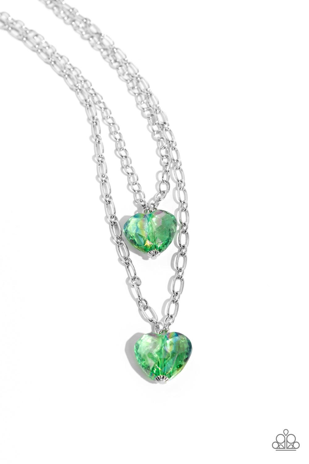 Layered Love Green Iridescent Gem Heart Necklace - Paparazzi Accessories- lightbox - CarasShop.com - Paparazzi Jewelry by Cara Jewels