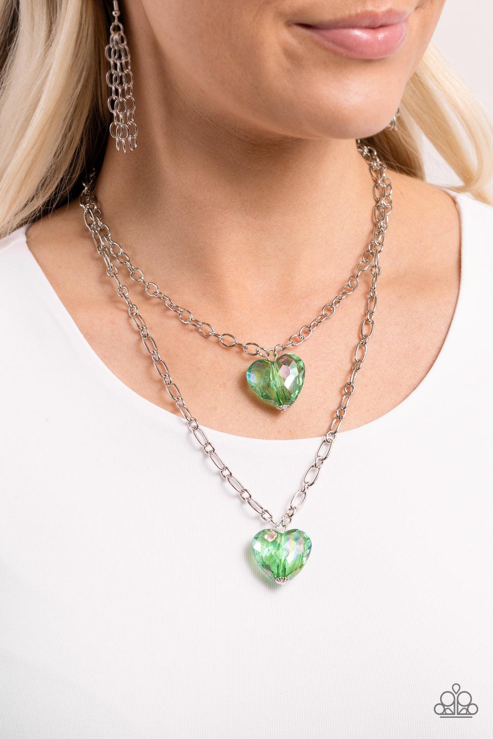 Layered Love Green Iridescent Gem Heart Necklace - Paparazzi Accessories- on model - CarasShop.com - Paparazzi Jewelry by Cara Jewels