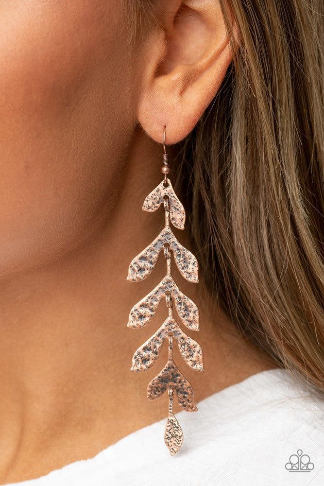 Lead From The FROND Copper Earrings - Paparazzi Accessories- on model - CarasShop.com - Paparazzi Jewelry by Cara Jewels