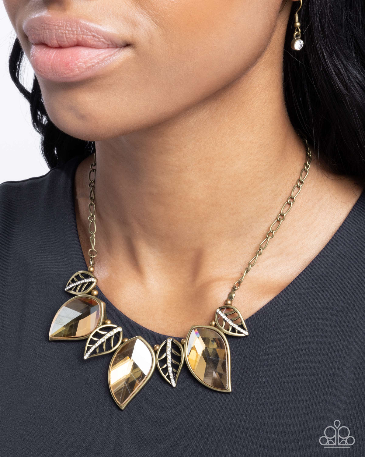 Leafy Leader Brass & Brown Gem Necklace - Paparazzi Accessories- on model - CarasShop.com - Paparazzi Jewelry by Cara Jewels