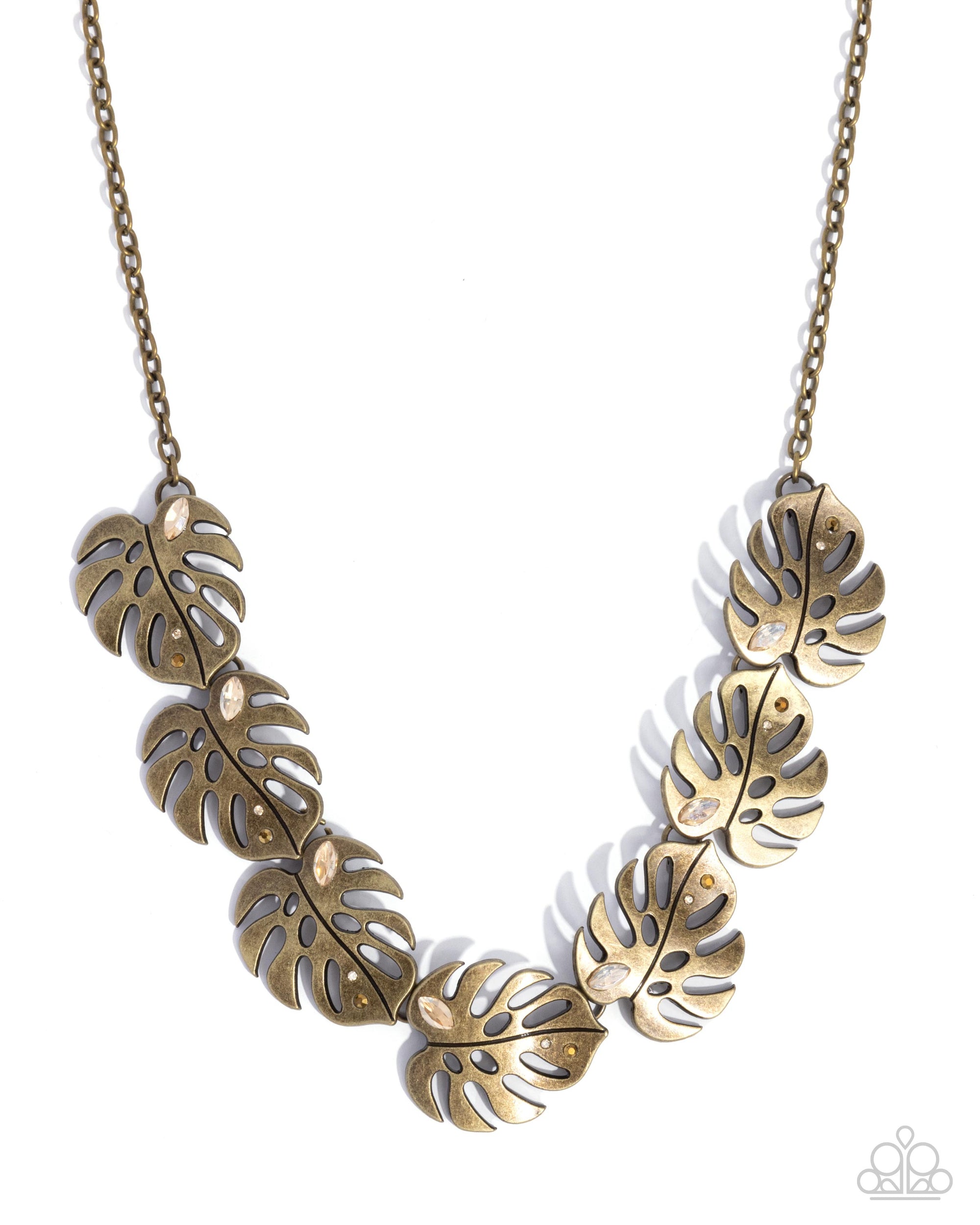 Leafy Legato Brass Palm Leaf Necklace - Paparazzi Accessories- lightbox - CarasShop.com - Paparazzi Jewelry by Cara Jewels