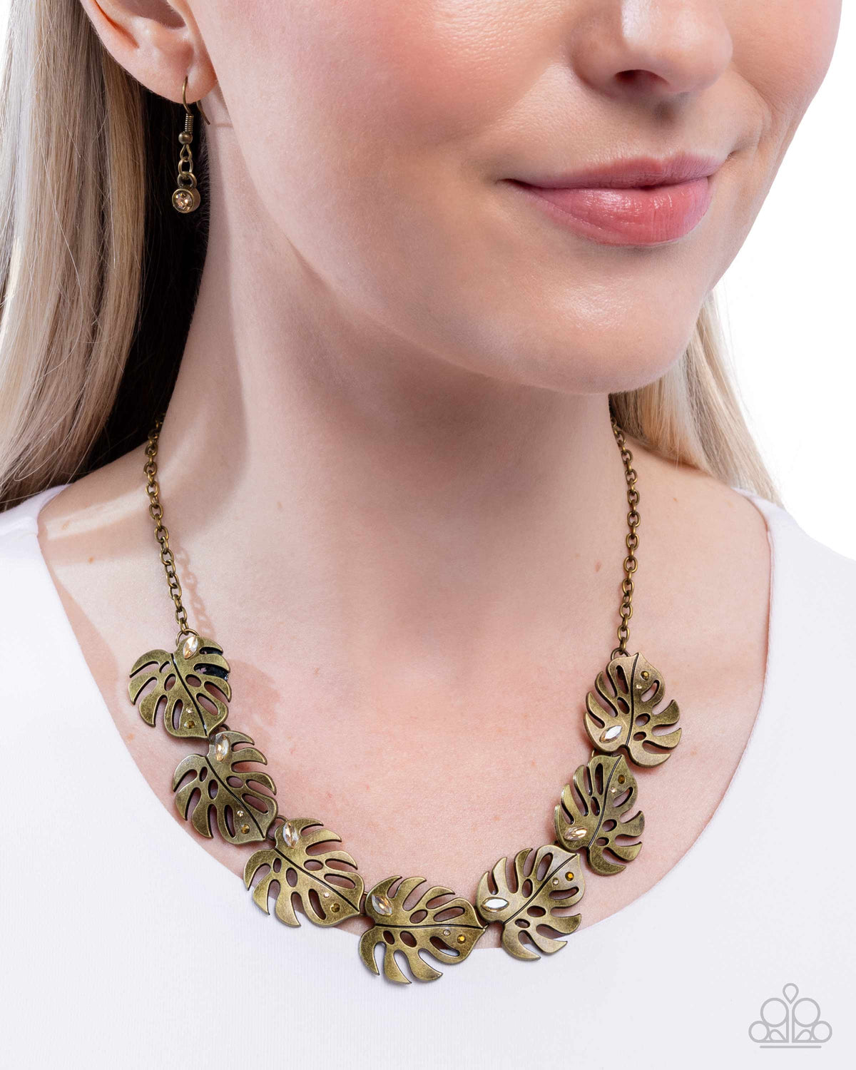 Leafy Legato Brass Palm Leaf Necklace - Paparazzi Accessories- on model - CarasShop.com - Paparazzi Jewelry by Cara Jewels