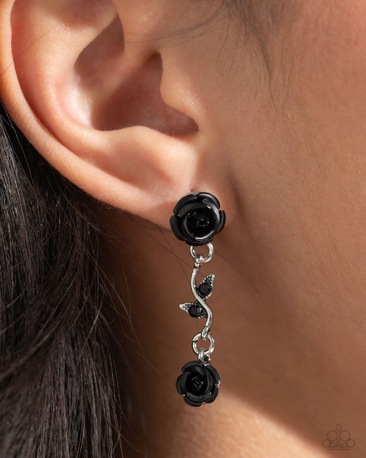 Led by the ROSE Black Floral Earrings - Paparazzi Accessories- on model - CarasShop.com - Paparazzi Jewelry by Cara Jewels