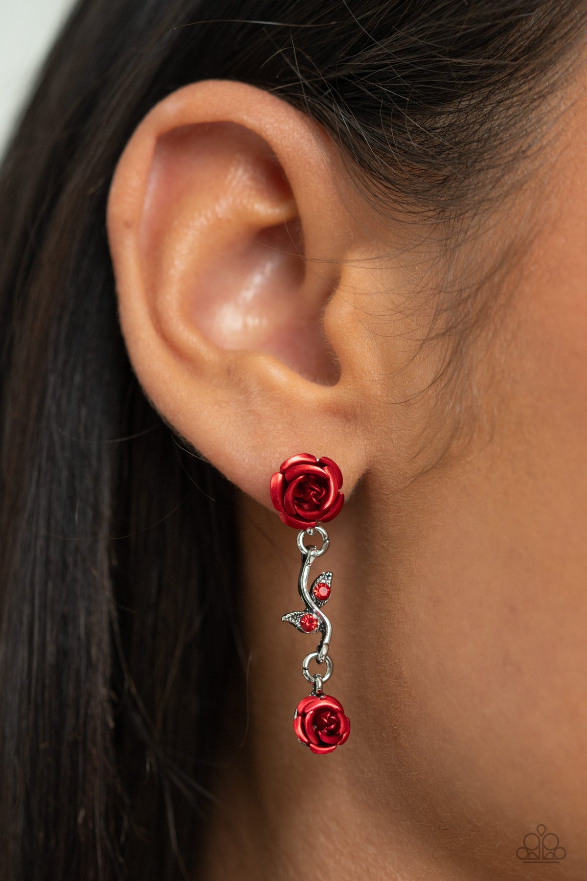 Led by the ROSE Red Floral Earrings - Paparazzi Accessories- on model - CarasShop.com - Paparazzi Jewelry by Cara Jewels