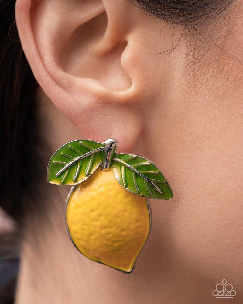 Lemon Lesson Yellow Earrings - Paparazzi Accessories-on model - CarasShop.com - Paparazzi Jewelry by Cara Jewels