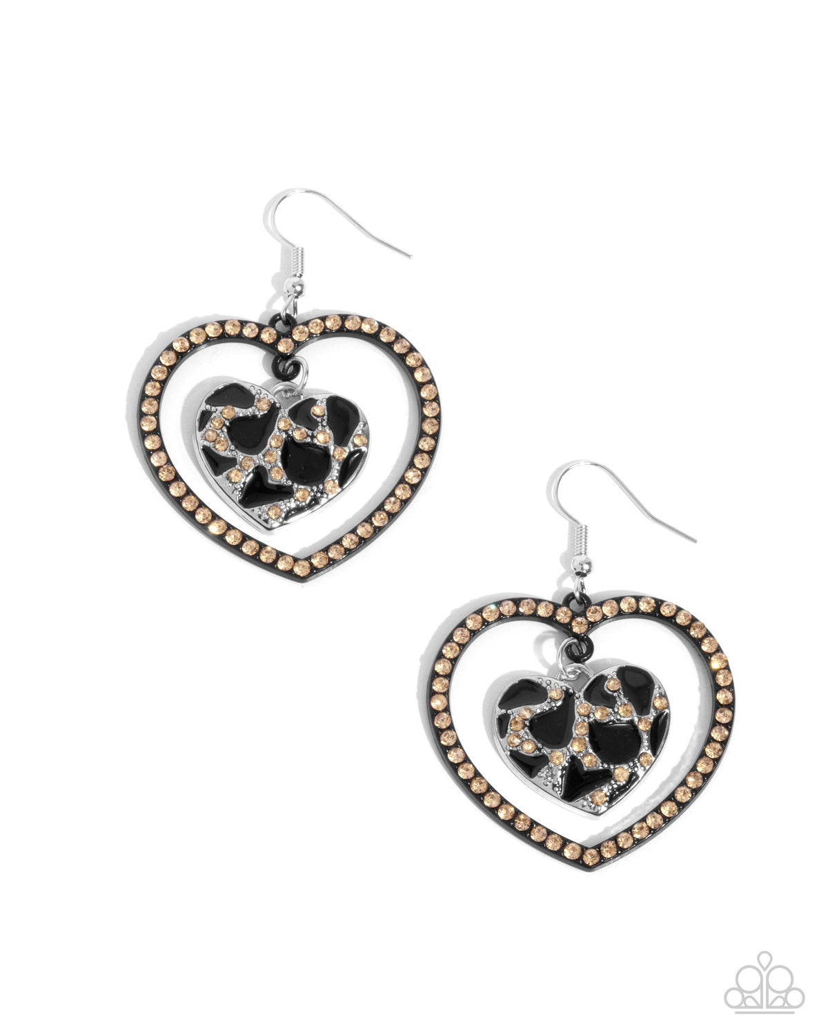 Leopard Love Black & Topaz Heart Earrings - Paparazzi Accessories- lightbox - CarasShop.com - Paparazzi Jewelry by Cara Jewels