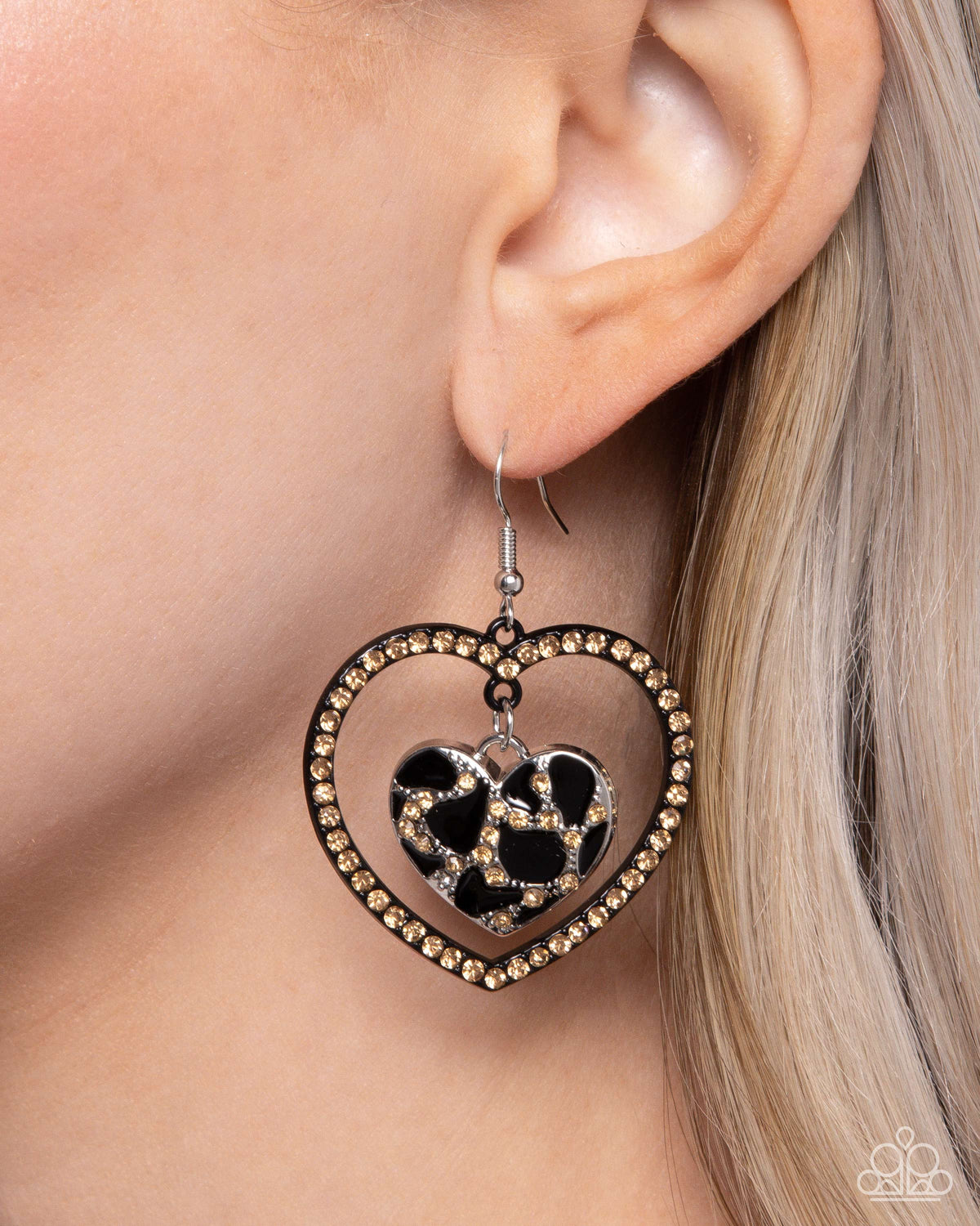 Leopard Love Black & Topaz Heart Earrings - Paparazzi Accessories- on model - CarasShop.com - Paparazzi Jewelry by Cara Jewels