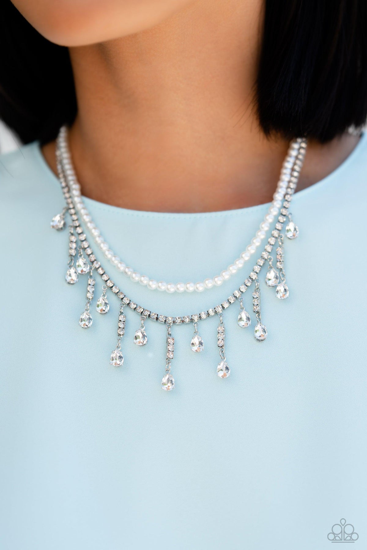 Lessons in Luxury White Rhinestone & Pearl Choker Necklace - Paparazzi Accessories- on model - CarasShop.com - Paparazzi Jewelry by Cara Jewels