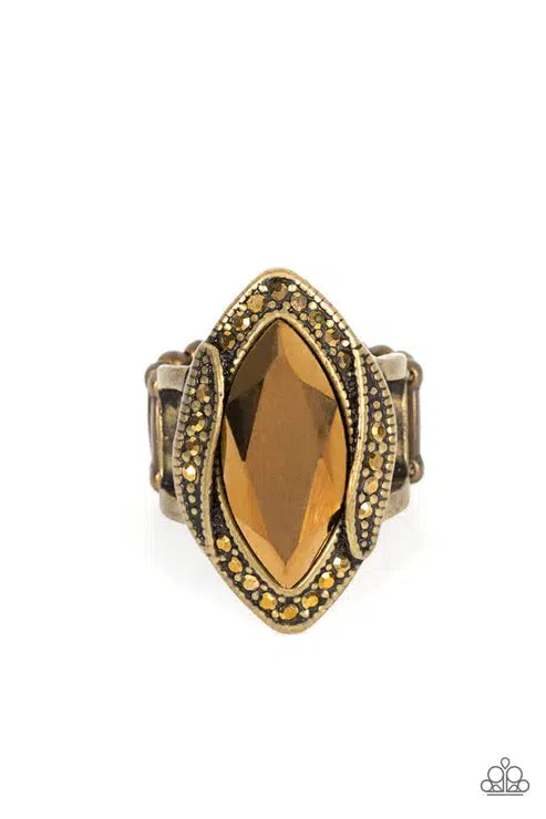 Let Me Take a REIGN Check Brass Ring - Paparazzi Accessories- lightbox - CarasShop.com - Paparazzi Jewelry by Cara Jewels