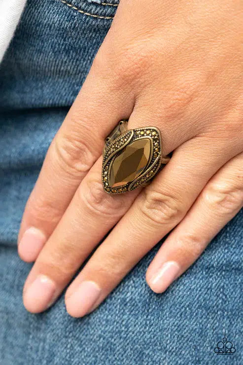 Let Me Take a REIGN Check Brass Ring - Paparazzi Accessories- on model - CarasShop.com - Paparazzi Jewelry by Cara Jewels