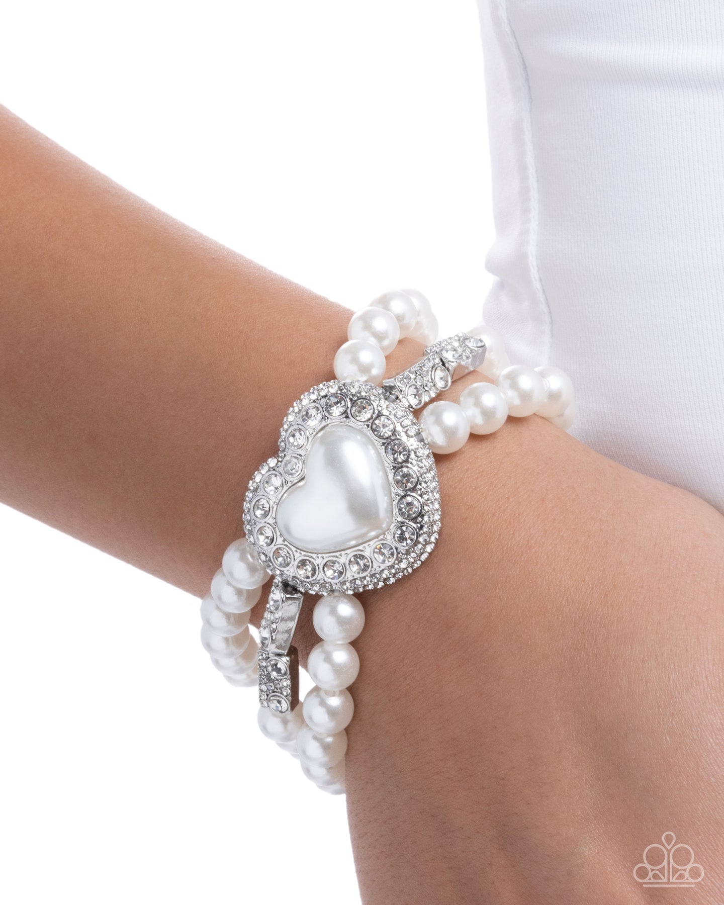 Lifelong Love Letter White Pearl & Rhinestone Heart Bracelet - Paparazzi Accessories- lightbox - CarasShop.com - Paparazzi Jewelry by Cara Jewels