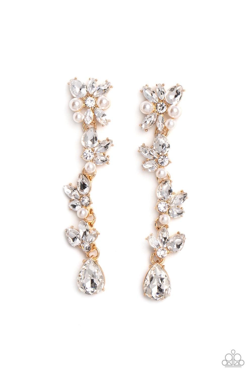 LIGHT at the Opera Gold and White Rhinestone & Pearl Earrings - Paparazzi Accessories- lightbox - CarasShop.com - Paparazzi Jewelry by Cara Jewels