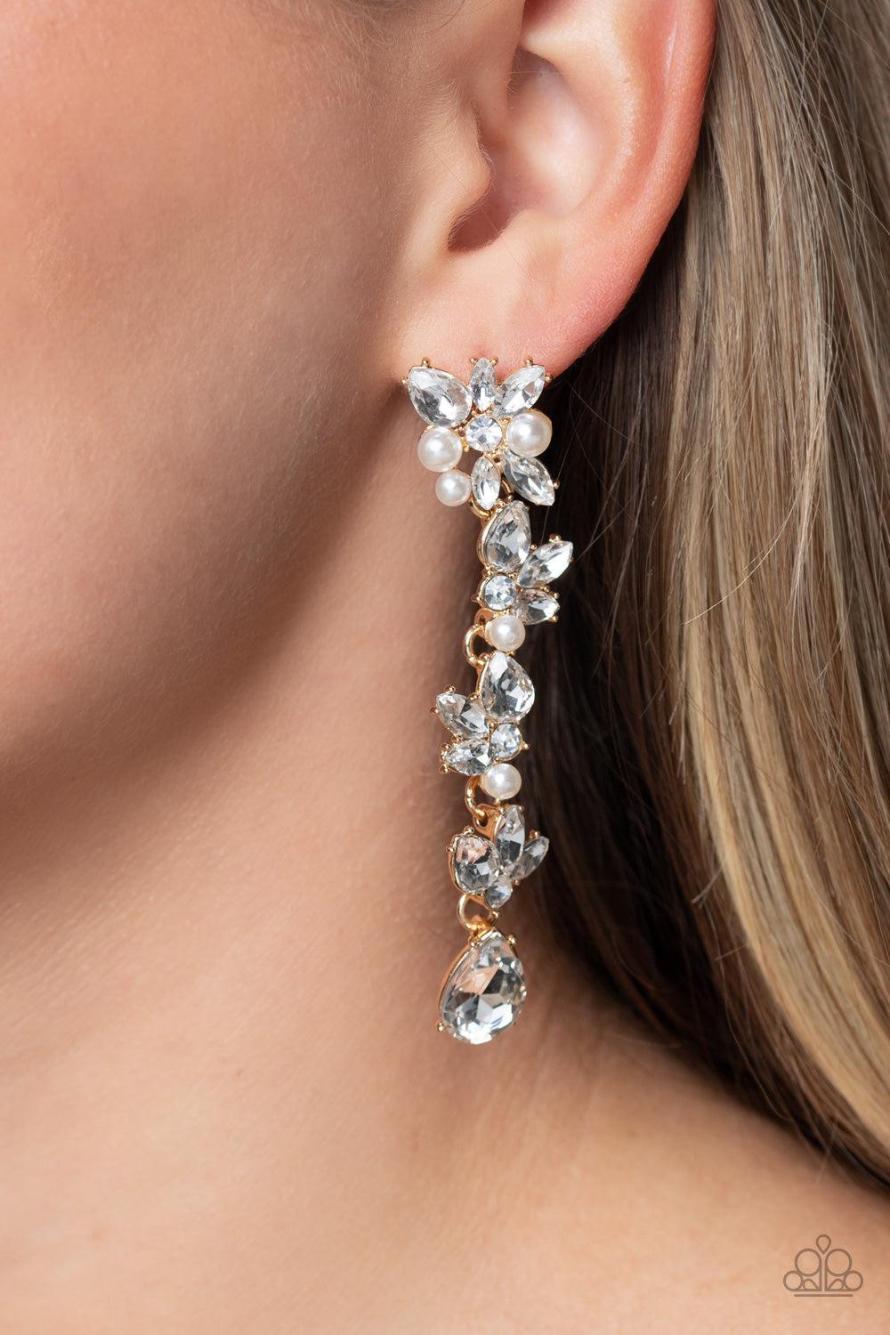 LIGHT at the Opera Gold and White Rhinestone & Pearl Earrings - Paparazzi Accessories- lightbox - CarasShop.com - Paparazzi Jewelry by Cara Jewels