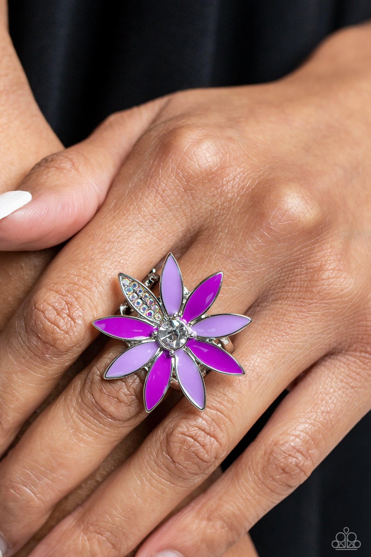 Lily Lei Purple Flower Ring - Paparazzi Accessories- on model - CarasShop.com - Paparazzi Jewelry by Cara Jewels