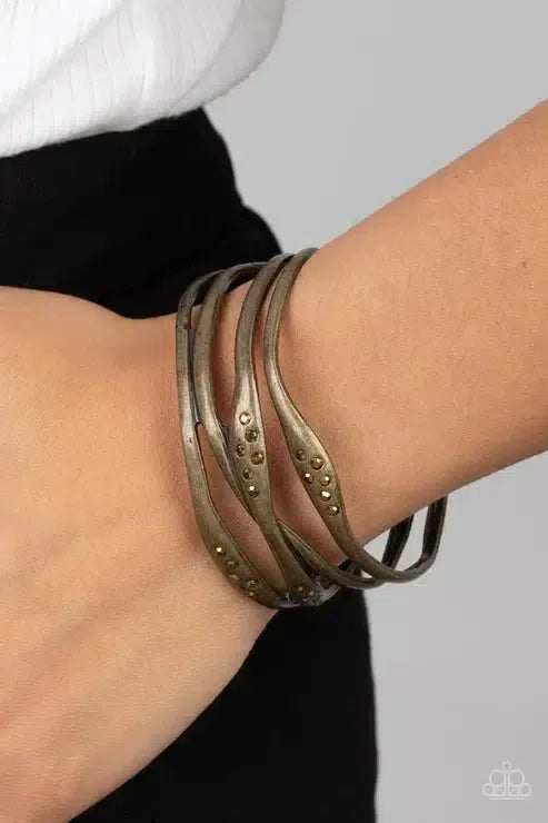 Line It Up Brass Bracelet - Paparazzi Accessories-on model - CarasShop.com - Paparazzi Jewelry by Cara Jewels
