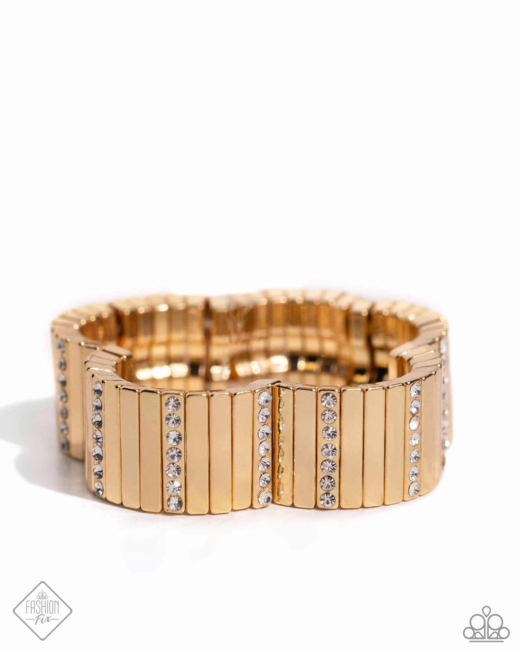 Linear Legend Gold & White Rhinestone Bracelet - Paparazzi Accessories- lightbox - CarasShop.com - Paparazzi Jewelry by Cara Jewels