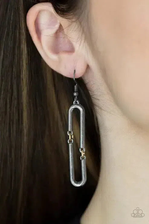 Linked and Synced Black Earrings - Paparazzi Accessories- on model - CarasShop.com - Paparazzi Jewelry by Cara Jewels